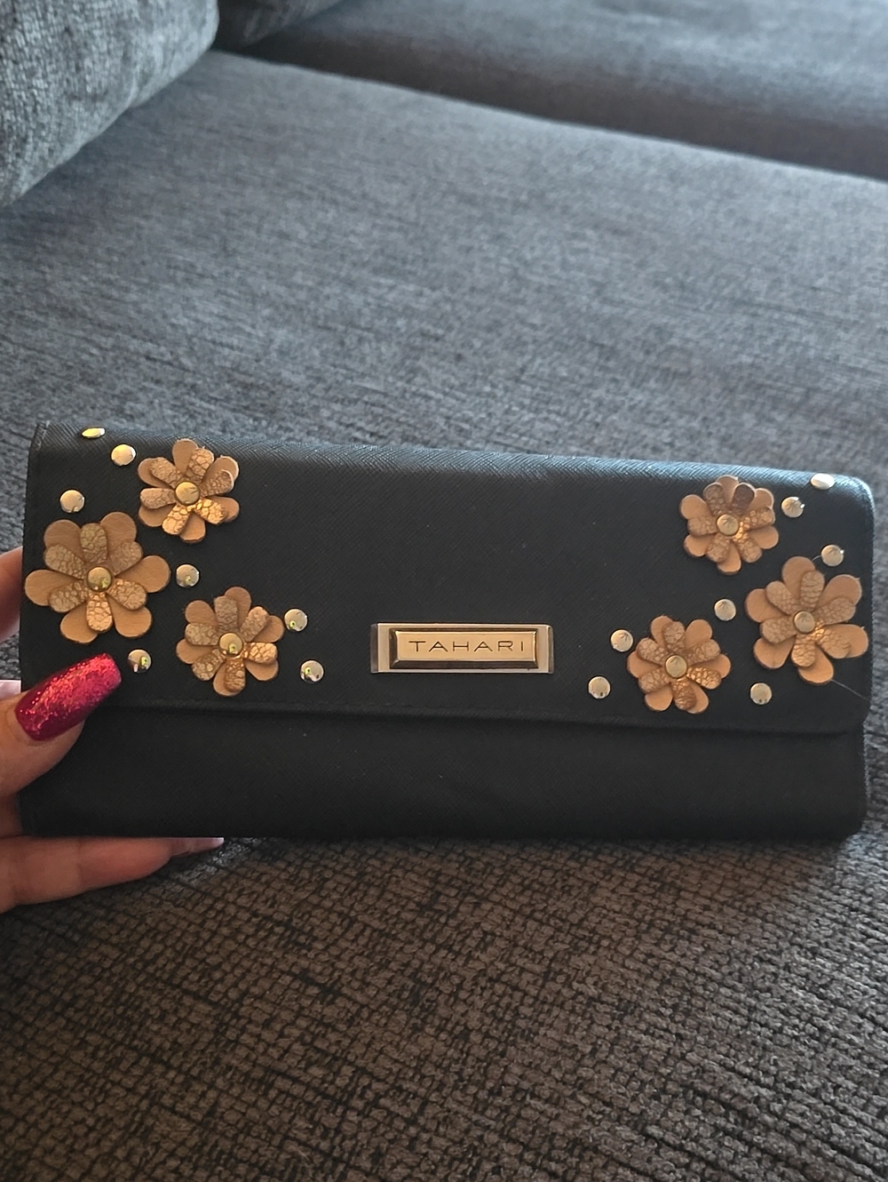 Tahari Black Wallet Clutch with Gold Floral Accents